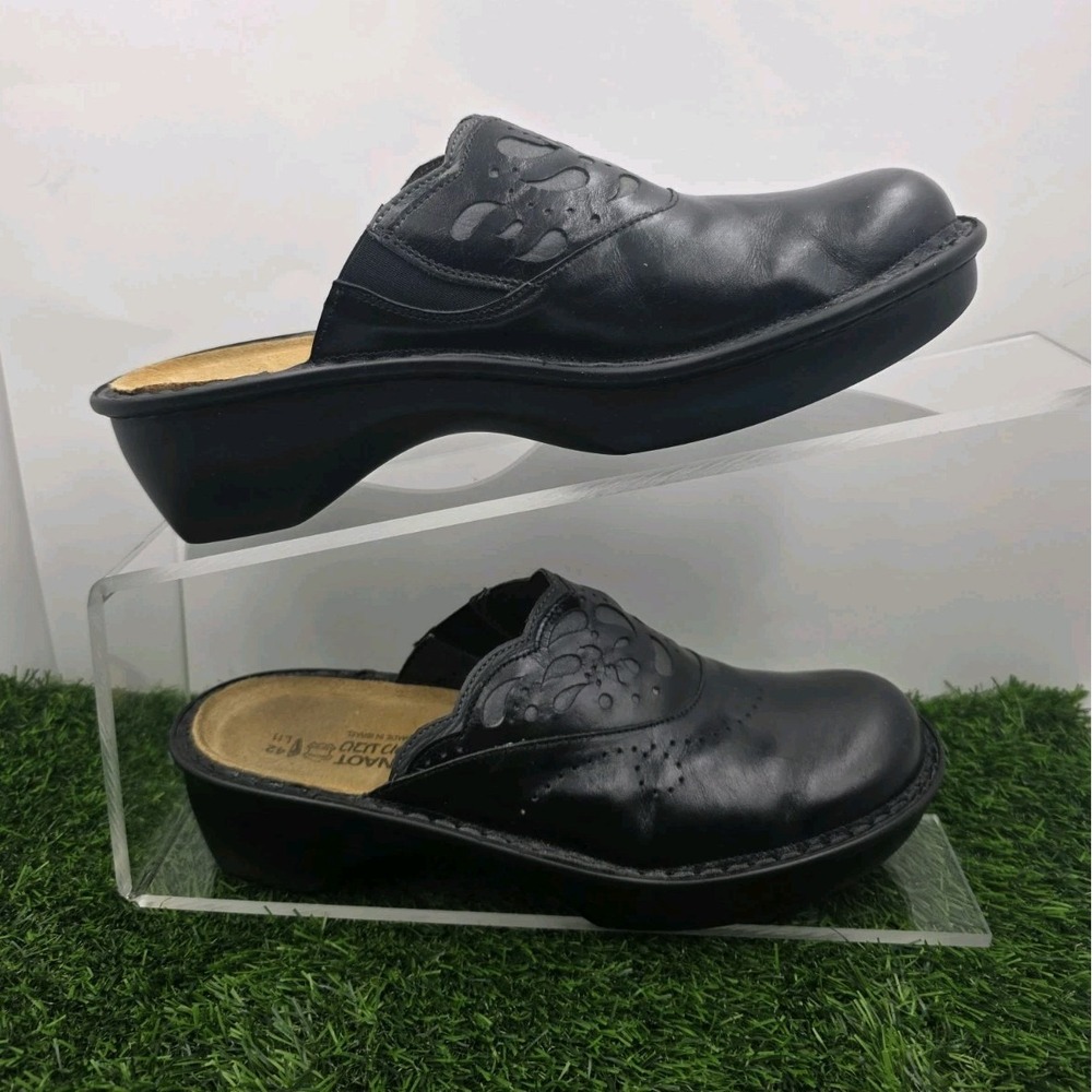 Naot Women's Black Leather Floral Cutout Wedge Mule Clogs Comfort EU 42 US 11